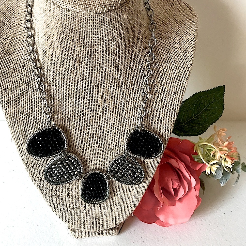 Black Silver-Tone Beaded Petal Statement Necklace